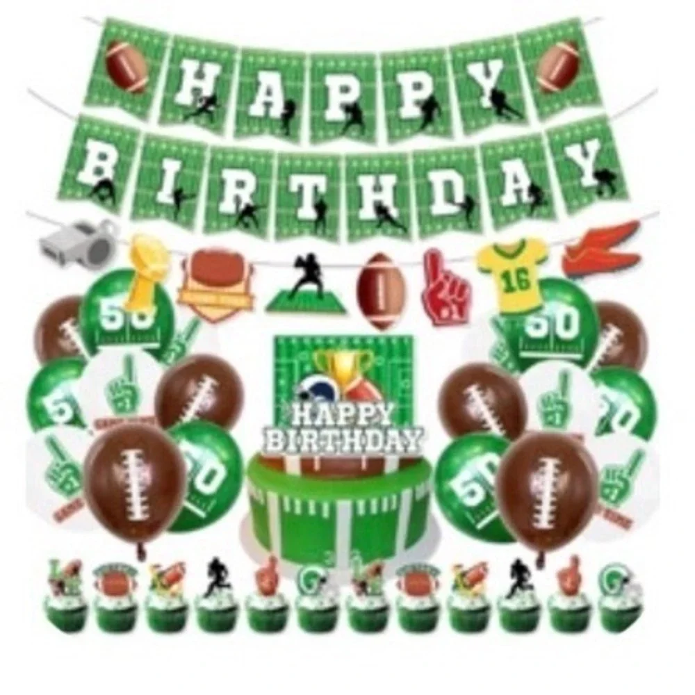 Football Happy Birthday Party Decorations Set Banner Balloons Cake‎ Topper Green